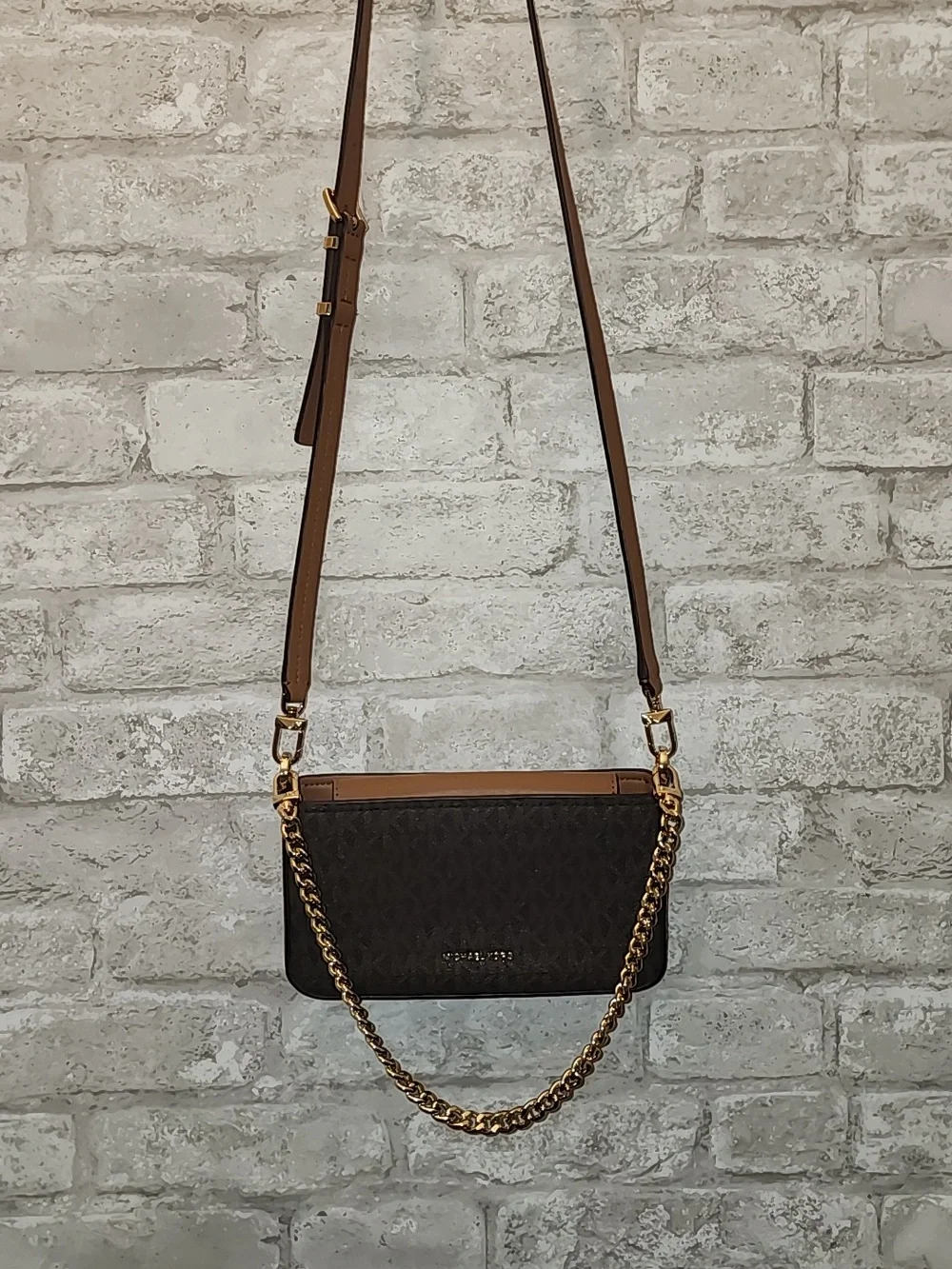 Michael Kors Brown Logo Crossbody with‎ Gold Chain